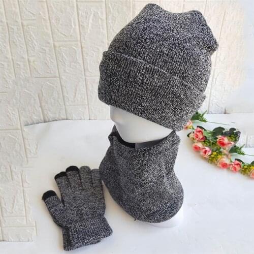 3PCS/Sets Men Knitted Beanies Hats+Ring Scarf+Gloves Plus Velvet Thicken Winter Warm Caps Touch Screen Gloves Women Bonnet Hats
