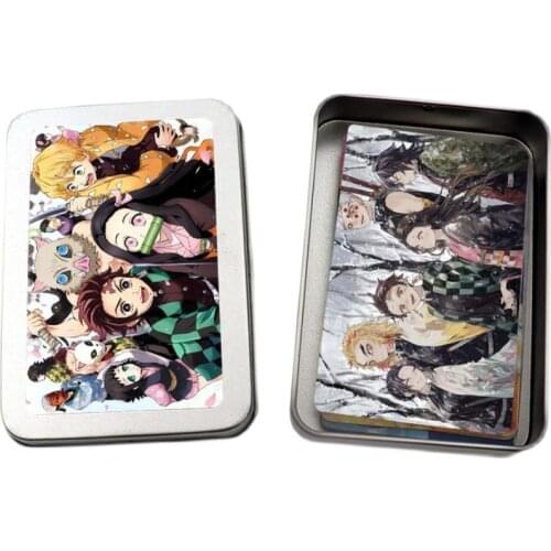 30PCS Demon Slayer Game Cards Iron Box Tanjirouni Bean Mouth Hei Inosuke Character Table Playing Toys For Family Children Gift