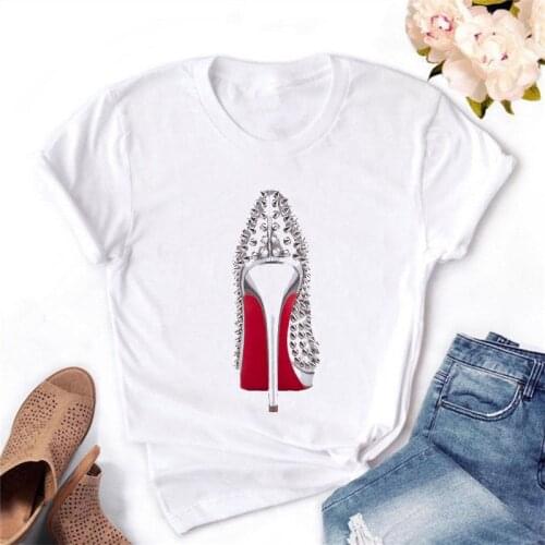 BONJEAN New Fashion High Heels Printed Women T Shirt Tees Tops Summer T-shirt Harajuku Personality Thin Section Female TShirts