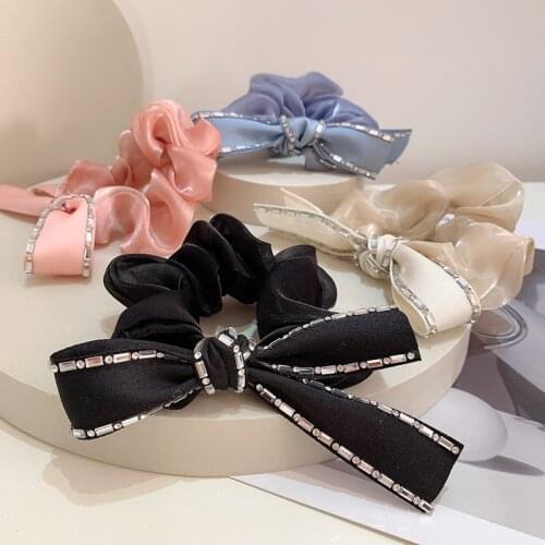 Elegant Ribbon Scrunchi Rhinestone Bow Elastic Hair Bands for Women Girls Hair Tie Headpiece Ladies Ponytail Hair Accessories