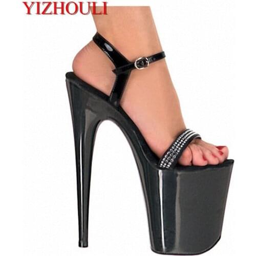 Black 8 inch Sexy Stiletto Sandals Club Transparent Heel 20Cm Ultra High Heels Shoes Open Toe Platform Rhinestone Straps shoes