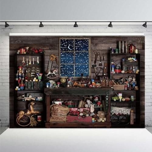 Home Christmas Decoration Store Snow Window Wooden Shed Mechanical Tool Background Cloth Computer Senior Print Wall Background