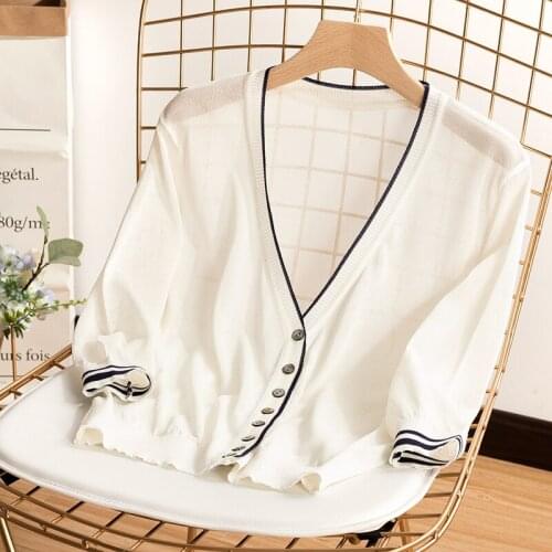 Thin knitted women sweater and cardigan summer new v-neck half sleeved loose female outwear coat tops