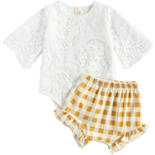 Baby Girls Two-piece Clothes Set White Round Collar Half Sleeve Romper + Yellow Plaid Pattern Shorts Sunsuit