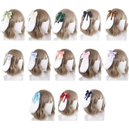 Lolita Anime Bunny Ears Ribbon Bowknot Hairpins Plush Rabbit Animal Lop Ear Kawaii Hair Clips Headpiece Cosplay Costume for