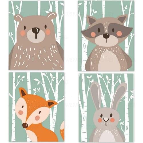 Nordic Minimalist Decoration Painting Cute Animal For Kids Bear Fox Rabbit Wall Pictures For Living Room Anime Poster Cartoon