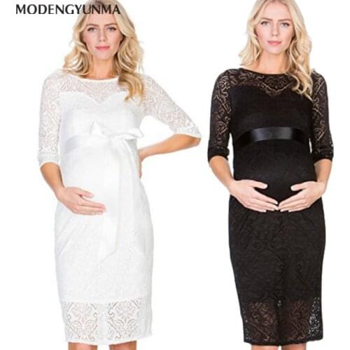 Bow Clothes Elegant Dress Maternity Pregnant Women Clothes Half Sleeve Crew Neck Hips Wrap Flower Lace Dress Solid Sash Dresses