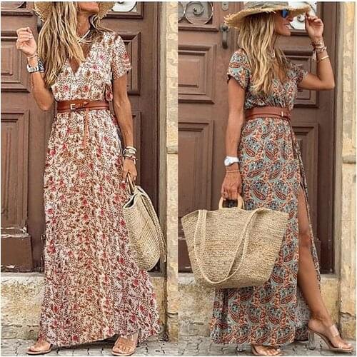 Womens Long Dress Summer V Neck Boho Short Sleeve Paisley Print Belt Maxi Dress Sexy Party Dresses Ladies Beach Holiday Sundress