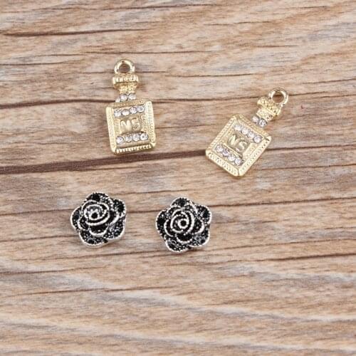 10pcs/lot Metal Rhinestone Perfume Bottle Rose Charms Girls Flowers Perfume Pendants DIY Floating Charms Jewelry Making YZ489