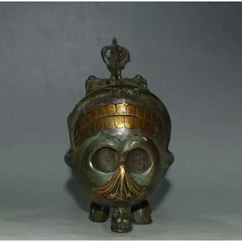Rare old Tiber bronze gilt pitcher in the shape of a skull, wonderful carving,best collection& adornment,Free shipping