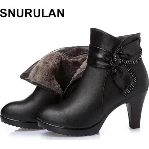 SNURULAN Brand Women fashion shoes winter ankle boots 2018 warm wool genuine leather shoes woman snow boots high heel bootsE528