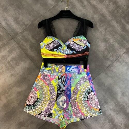 FABPOP 2021 Summer Yellow Lace Strap Print Floral Strapless Tank Tops Elastic Shorts Two Piece Set Women Outfits GA316