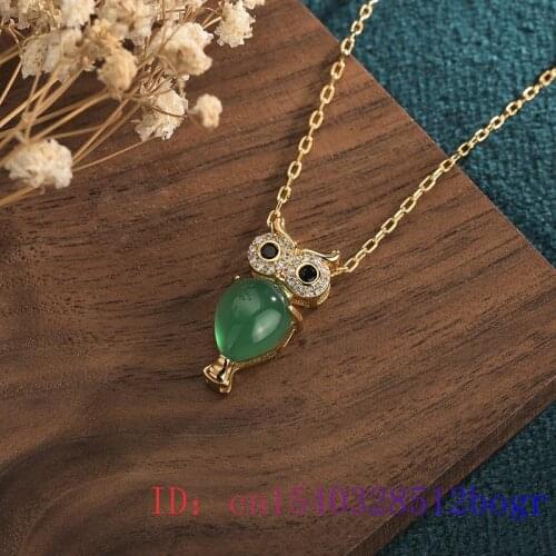 Green Jade Owl Pendant Gemstone Natural Necklace Amulet 925 Silver Chalcedony Chinese Charm Zircon Women Fashion Jewelry Gifts