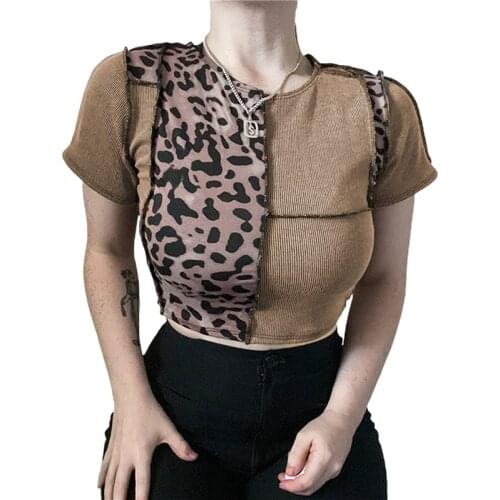 2021 Fashion Trend Womens Summer Patchwork Crop Tops Sexy Short Sleeve Round Neck Stitching Leopard Color Block Tee T-shirts