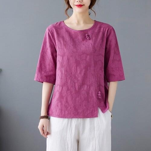 Plus Size Women Summer Cotton Linen Casual T-shirts New 2021 Vintage Style Solid Color Loose Female Half Sleeve Tops Tees B396