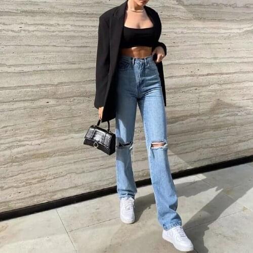 MosiMolly 2021 Vintage Hollow Out Jeans Denim Pants Women Empire Waist Ripped Washed Blue Jeans Cool Jeans Women Bottom Trousers