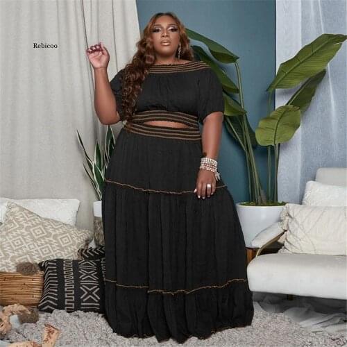Womans Plus Size Sets Sexy Dew Shoulder Short Sleeves Crop Top Two Piece Set Elegant Maxi Skirts Wholesale