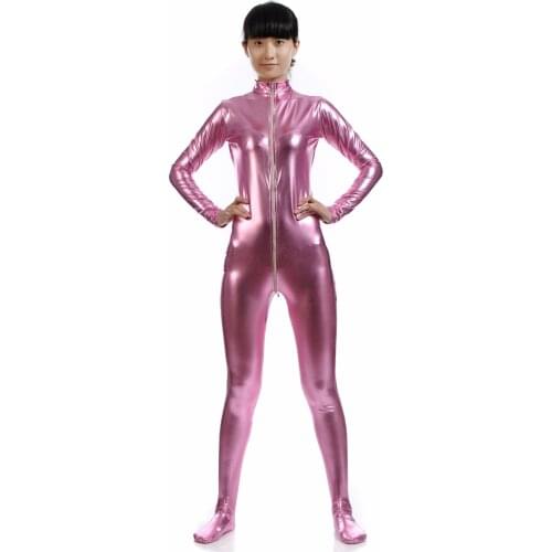 Women Plus Size Pink Zentai Suit Kids One Piece Lycra Mock Neck Unitard Dancewear Full Zentai Bodysuits Shiny Metallic Catsuits