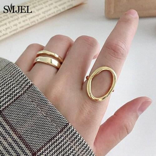 SMJEL Minimalist Irregular Hollow Ellipse Gold Silver Color Geometric Ring For Women Open Rings Summer Jewelry bague femme