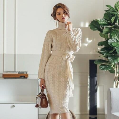 Elegant Turleneck Midi Dress 2019 Autumn Winter Women Knitted Sweater Dress Vintage Long Sleeve Sashes Bodycon Dresses