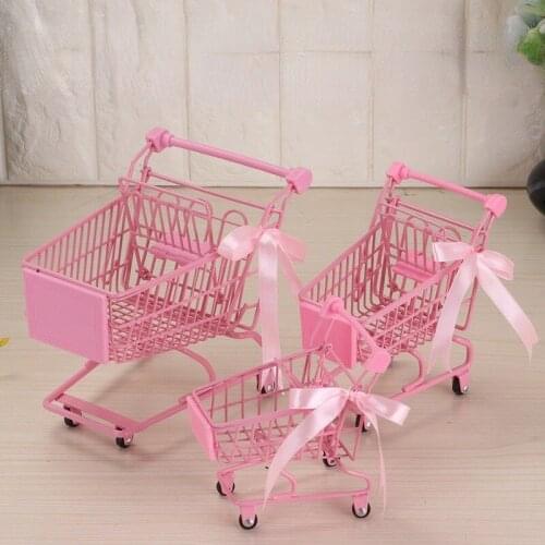 1pc Rosy Gold Handcart Shopping Cart Toys Metal Mini Storage Basket Doll Accessories Gift Pretend Play House Girls Groceries Toy