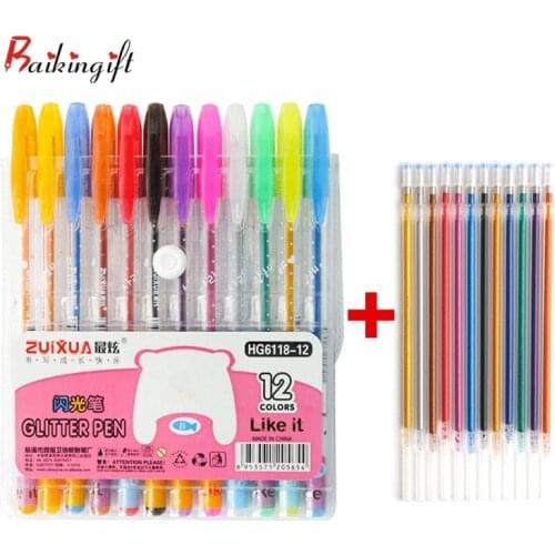 12+12/Set Colors Gel Pens Set Glitter Gel Pen Refills For Adult Coloring Books Journals Drawing Doodling Art Markers Set
