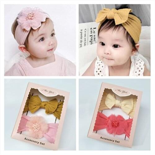 2Pcs/set Big Bow Baby Headband Newborn Elastic Lace Flower Princess Kids Headwear Solid Color Infant Baby Girls Hair Accessories