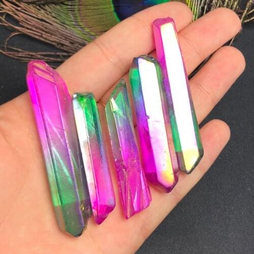 5pcs Aura Quartz Crystal Point Rainbow Titanium Treated Quartz Wand Natural Quartz Crystal Minerals Jewerly Accessory DIY Gift