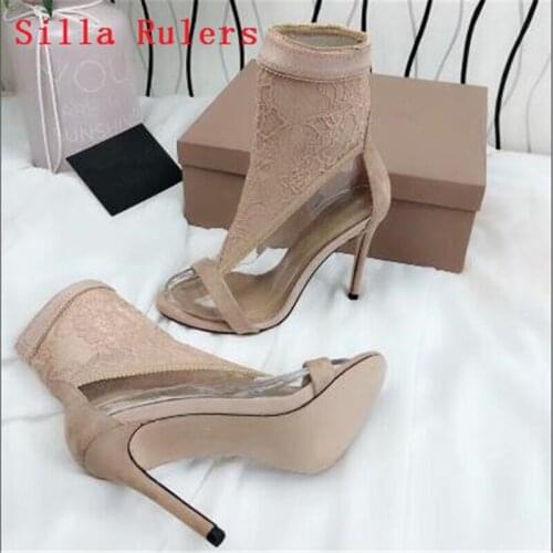 Fashion Nude Lace High Heels Summer Ankle Boots Women Sandals Boots Cut Outs Gladiator Sandals Women Shoes Woman botines mujer