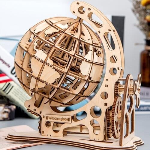 DIY Rotatable 3D Globe Laser Cutting Mechanical Drive Wooden 3D Puzzle Game Assembly Toys Gift for Children Adult