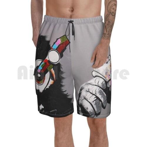Dj Monkey With Headphones Thinking Beach Shorts Men Beach Pants Swimwear Street Art Pop Culture Graffiti Stencil