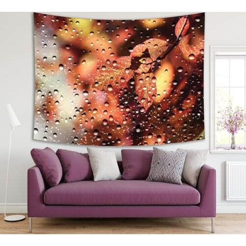Tapestry Autumn Day Yellow Leaves Trees Branch Forest View through Raindrops Covered Window Brown Gray Nature Picture