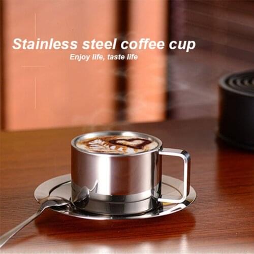 Coffee Cup Saucer Spoon Set Stainless Steel Double-layer Heat Insulation Anti-scalding Condensed Coffee Tea Breakfast Milk Cup