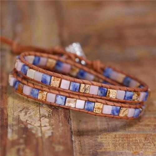 Boho Leather Bracelets Mixed Square Natural Stones 2 Strands Leather Wrap Bracelets Vintage Weaving Boho Bracelet Dropshipping