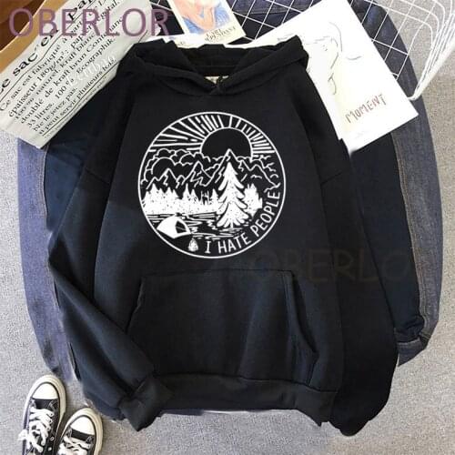 Cool Printed I Hate People I Love Camping Black Hoodies Casual Long Sleeve Sweatshirts Streetwear 90s Female Clothing