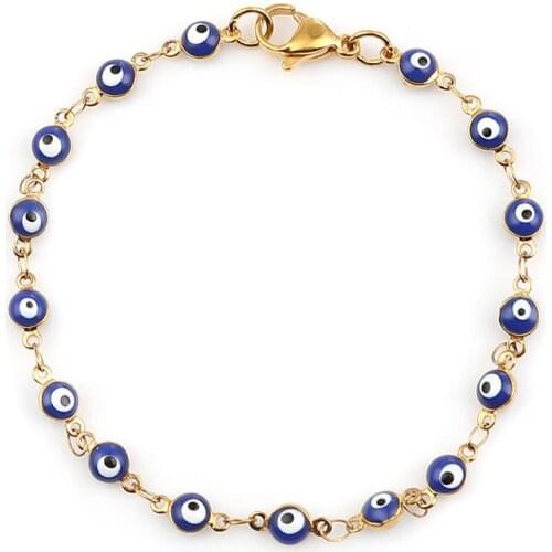 Fashion Stainless Steel Bracelets Gold Blue Red Evil Eye Enamel Bead Bracelet Jewelry for Women Men Gifts 18.7cm Long, 1 PC