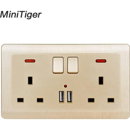Minitiger Wall Power Socket Double UK Standard Outlet Switched 2.1A Dual USB Charger Port LED indicator 146mm*86mm Gold Color
