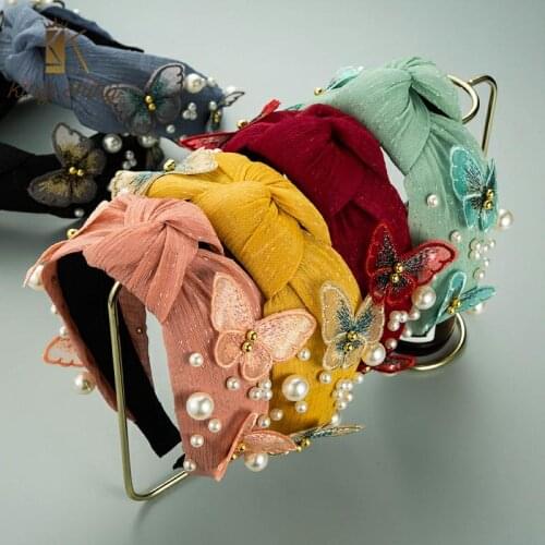 Elegant Korean Butterfly Design Bowknot Headband Vintage Simulated Pearl Beaded Lace Fabric Hairband Female Party Hair Accessory