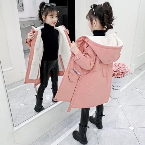 Autumn Winter Girls Jacket Fashion Long Section Little Girl Letter Thick Lamb Hooded Woolen Coat Children Fur Teen Jacket Coat
