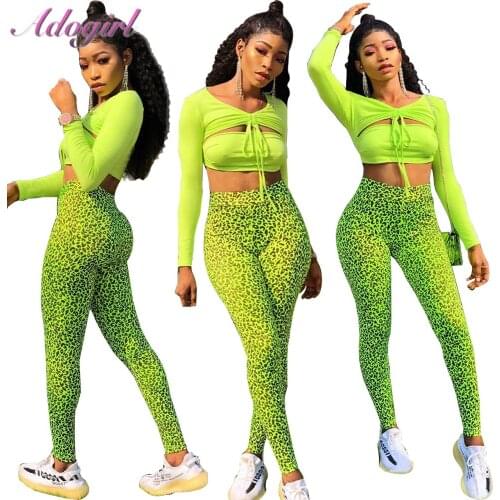 Fitness Sportwear Two Piece Set Causal Neon Long Sleeve Crop Top Leopard Print Leggings Sweatpants Suit Women Outfit Tracksuit
