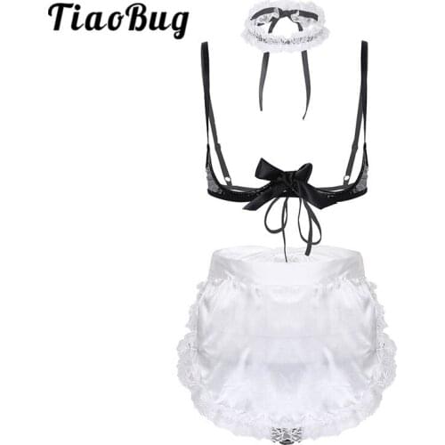 TiaoBug Women Patent Leather Lingerie Set Lace Trim Open Cups Bra with Apron Necklace French Maid Sexy Cosplay Erotic Costume