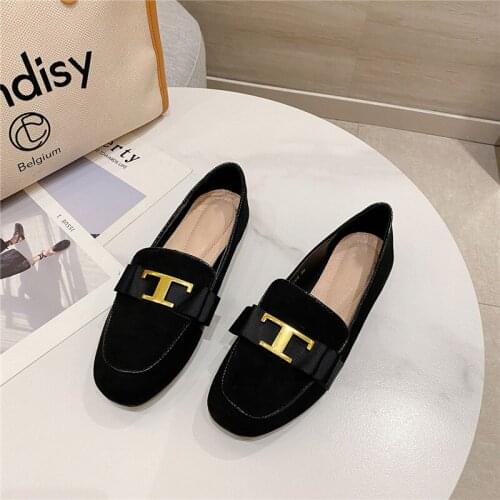 Fashion Flats Women Loafers Faux Suede Letter Slip on Round Toe Black Casual Ladies Work Oxfords Shoes Zapato De Mujer KE3008