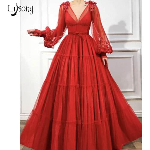 Elegant Red Floral A-line Evening Dresses With Puff Full Sleeves Appliques Sequined Long Tutu Evening Gowns Vintage Prom Gowns
