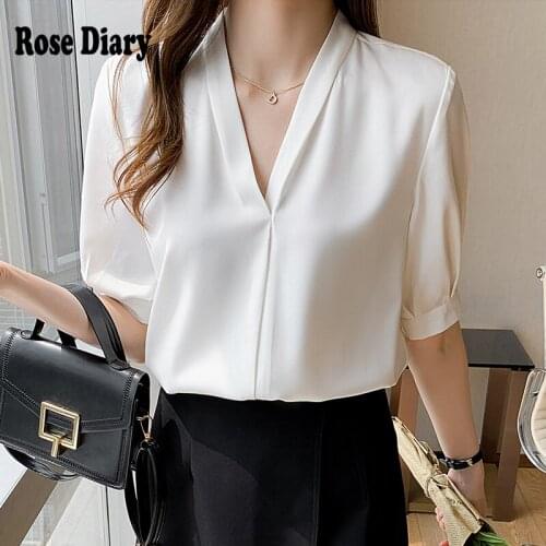 Rose diay New 2021 Fashion V-neck Office Lady Shirt Blouse Women Short Sleeve half Womens Clothing Plus Size Feminine Tops