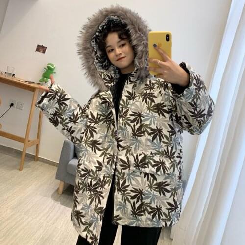 2019Winter parka women padded long loose outwear hooded fur collar thick warm jackets maple leaves snow coat oversize streetwear