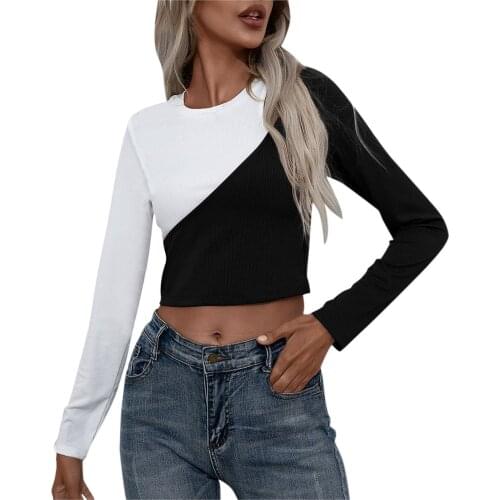 Womens Casual T-shirts All-match Splicing Hollow Out Sexy Long Sleeve Tshirt Cold Shoulder Female Tops Pullover Camisetas Mujer