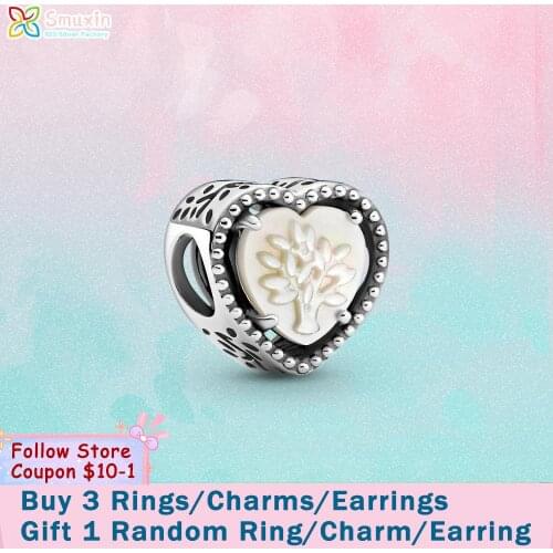 Smuxin 925 Sterling Silver Openwork Heart & Family Tree Charm fit Original Pandora Bracelets Women Jewelry Making Girl Jewelry
