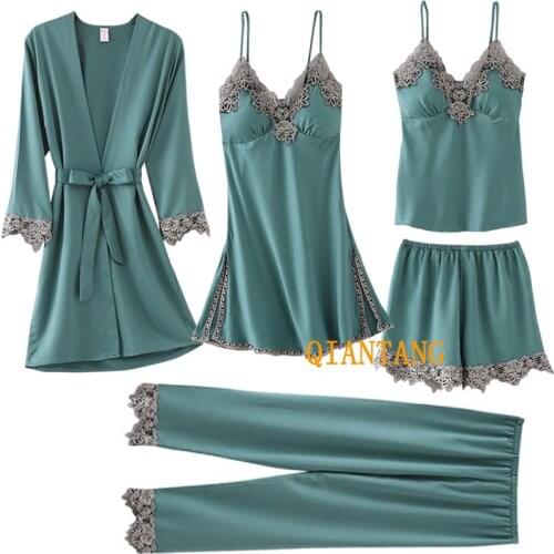 V-Neck Pajama Suit M-XXL Women Lace With Breast Pads Nightgown Sexy Sleepwear Sleep Set Spring Nightwear Home Kimono Robe Gown