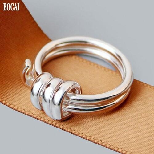 BOCAI New double loop twisted wire handmade Woman ring Korean version solid S925 sterling silver simple ins female ring