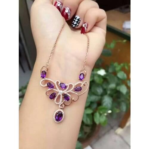 Natural amethyst Necklace natural crystal Pendant Necklace S925 silver trendy Elegant Flowers geometry women party fine Jewelry